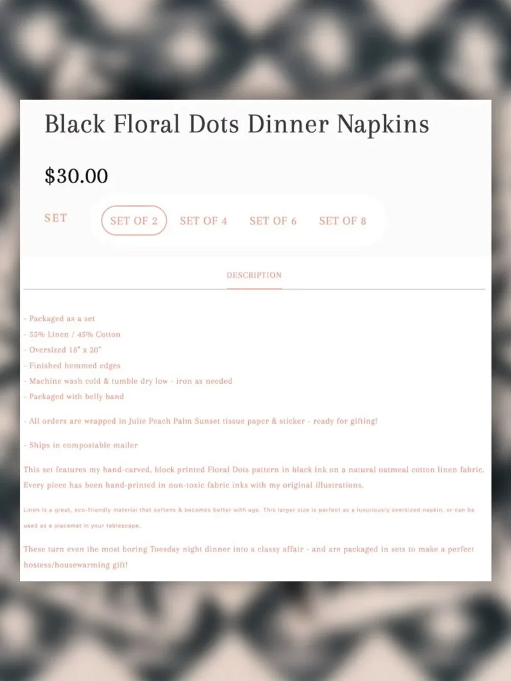 JULIE PEACH Blockprint Napkins Black and White (3 Pairs)